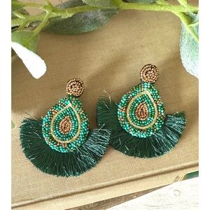 Green beaded boutique tassel earrings